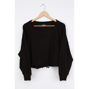 Lulus Relaxing Retreat Black Waffle Knit Long Sleeve Top - Size S